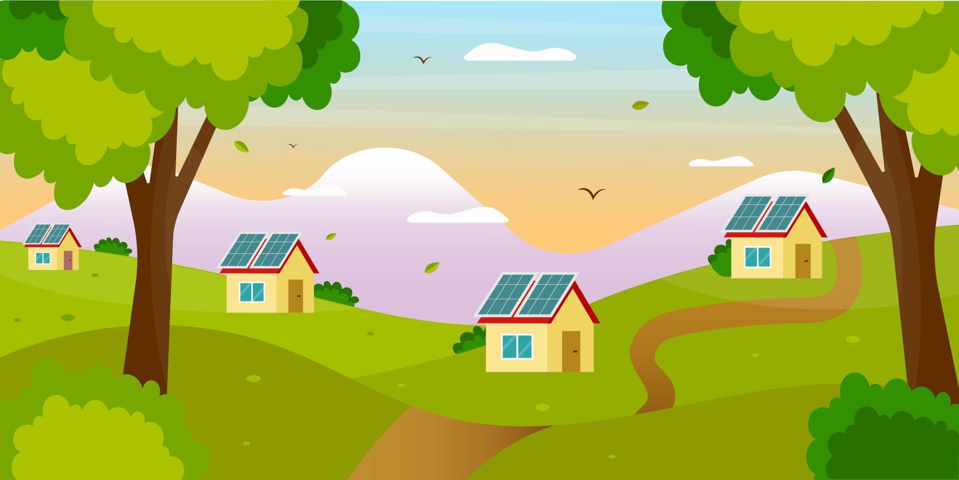 hermoso paisaje con casas y paneles solares. ilustración del concepto de vector de producción de energía solar. estilo de dibujos animados plana.