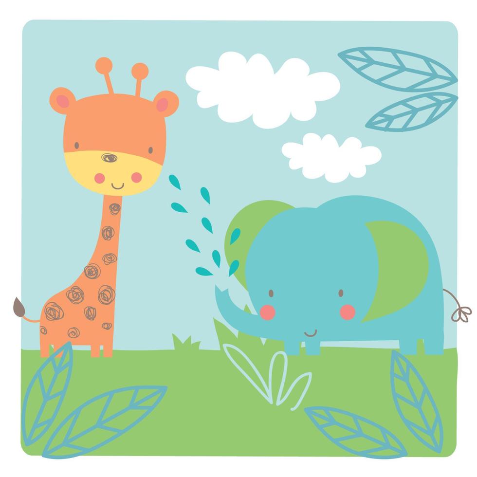 estampado de paisaje de safari de jirafa y elefante vector