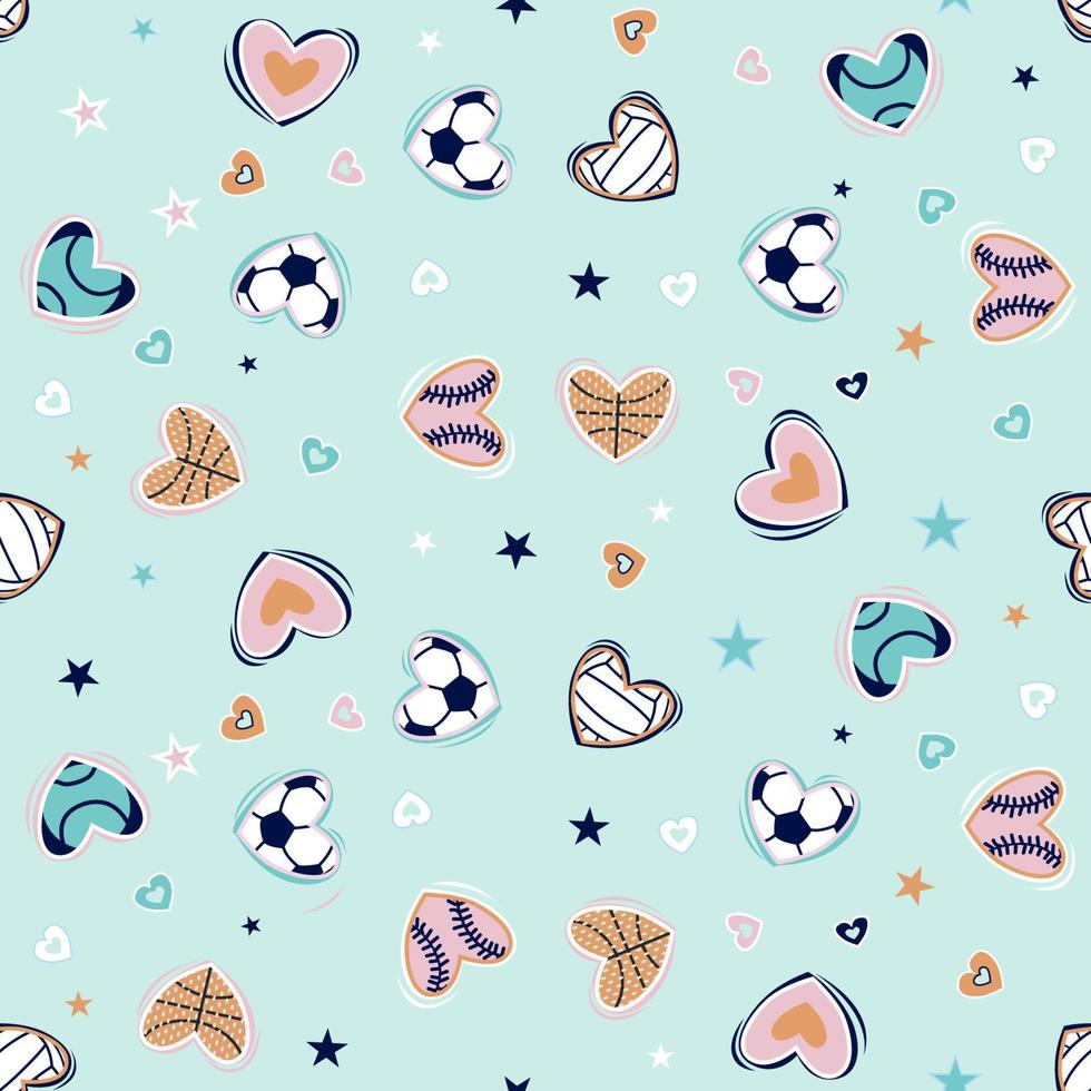 Ball game with hearts seamless repeat pattern vector