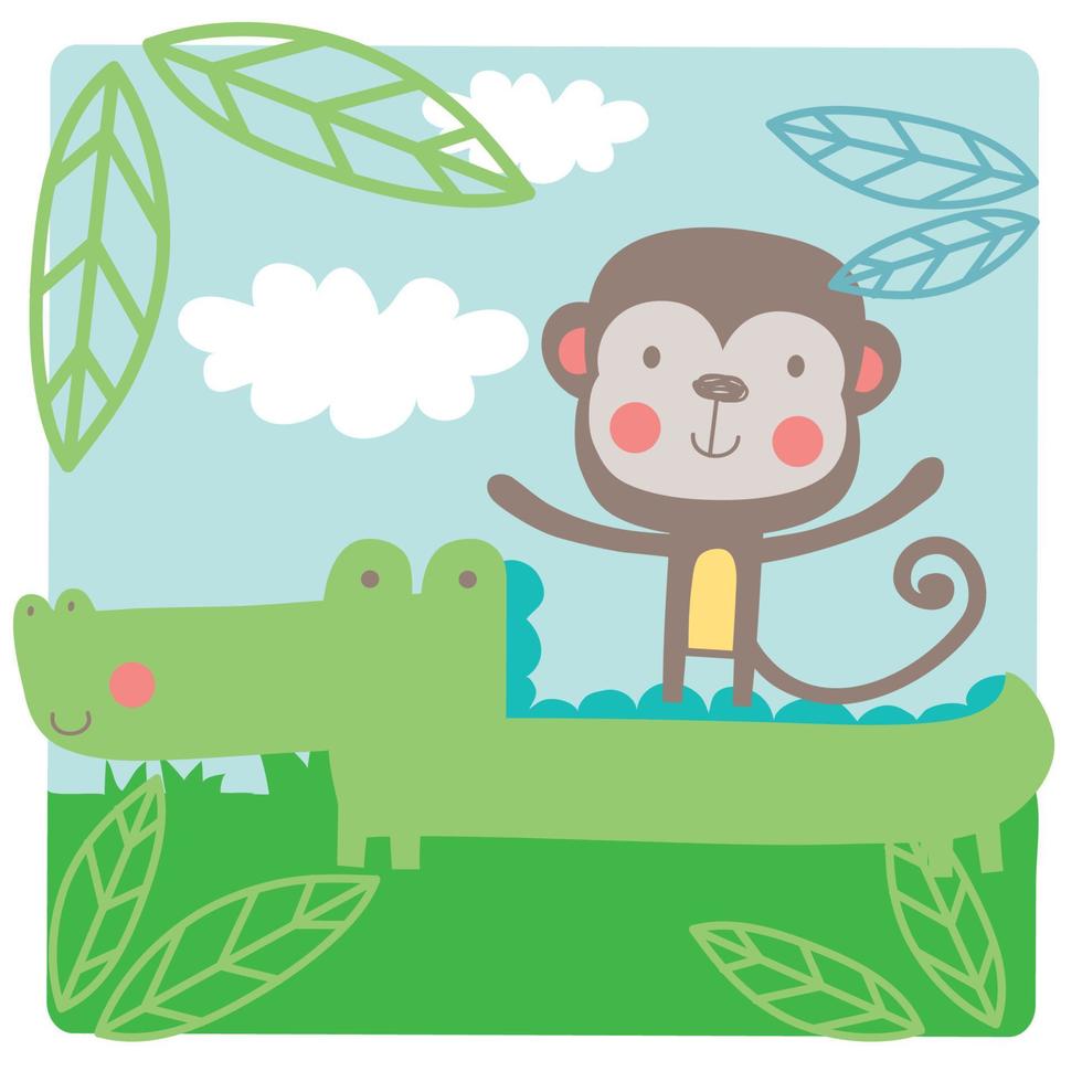Monkey and crocodile safari landscape print vector