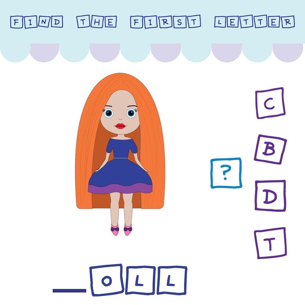 find the first letter of the word doll and connect. Educational game for children. vector