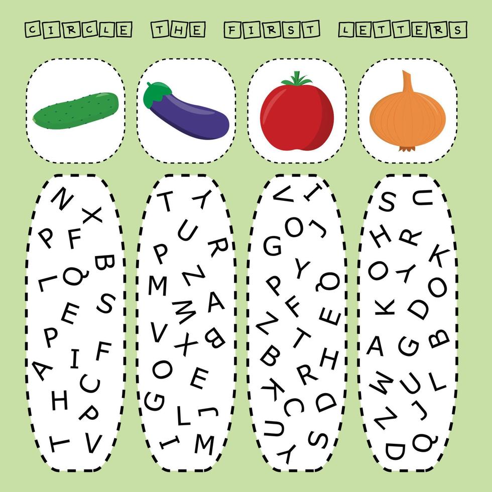find the first letter of the vegetables  and connect. Educational game for children. vector
