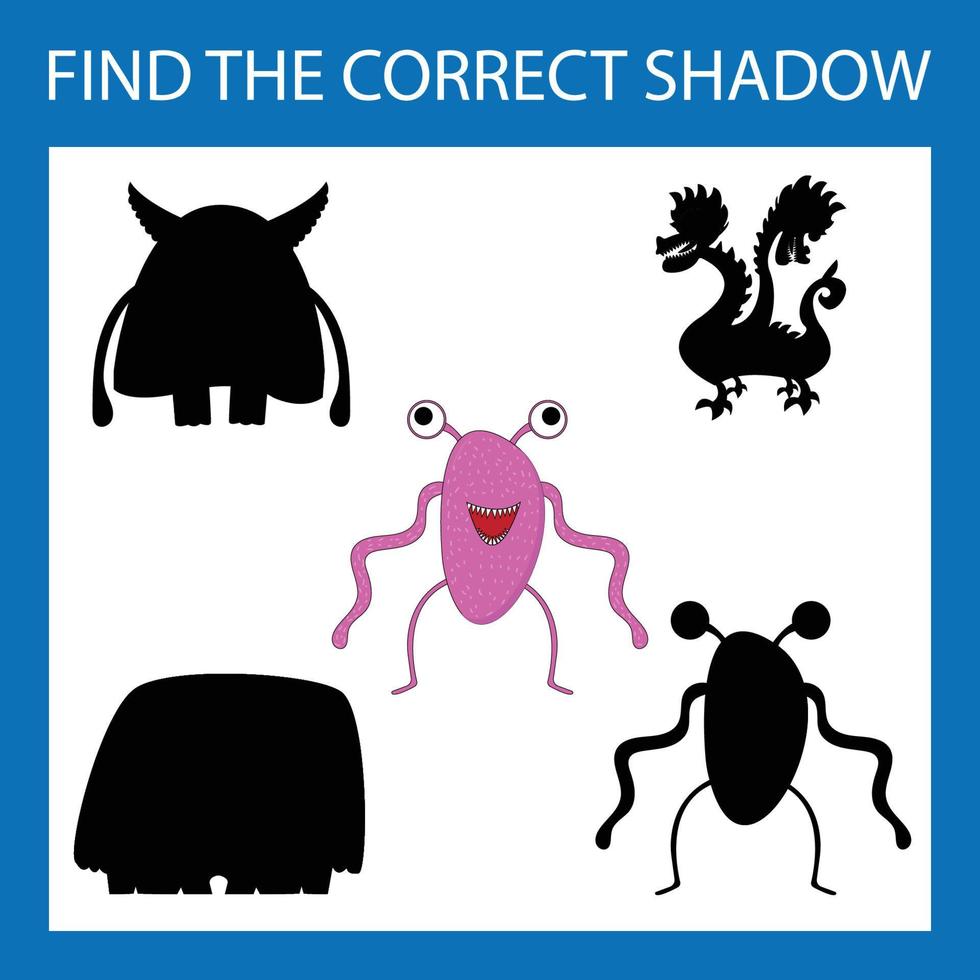 Find correct shadow with colorful monsters.  Kids educational game. vector