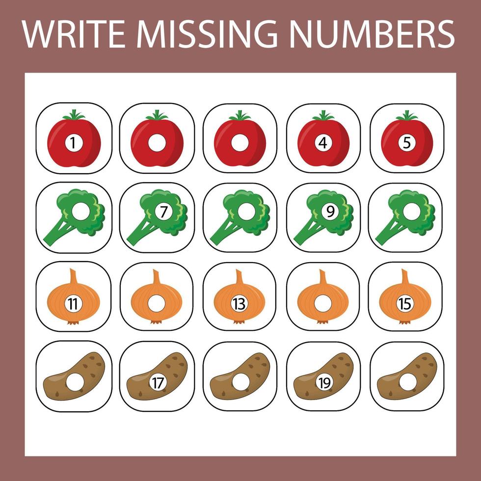 The task is to write in the lost numbers from 1 to 20. Educational exercises for preschool children vector