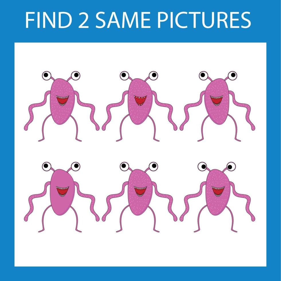 Find a pair game with funny  pink monsters.  Worksheet for preschool kids, kids activity sheet, printable worksheet vector