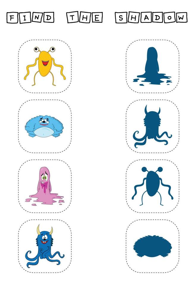 Find a pair or shadow  game with funny monsters.  Worksheet for preschool kids, kids activity sheet, printable worksheet vector