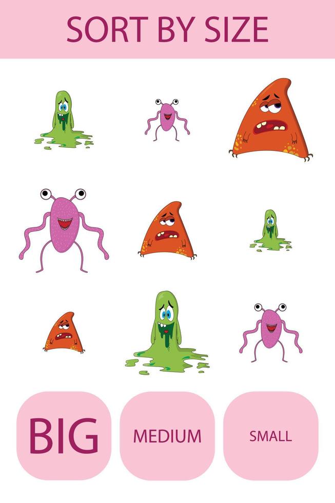 Match the toys  monsters by size large, medium and small. Children's educational game. vector