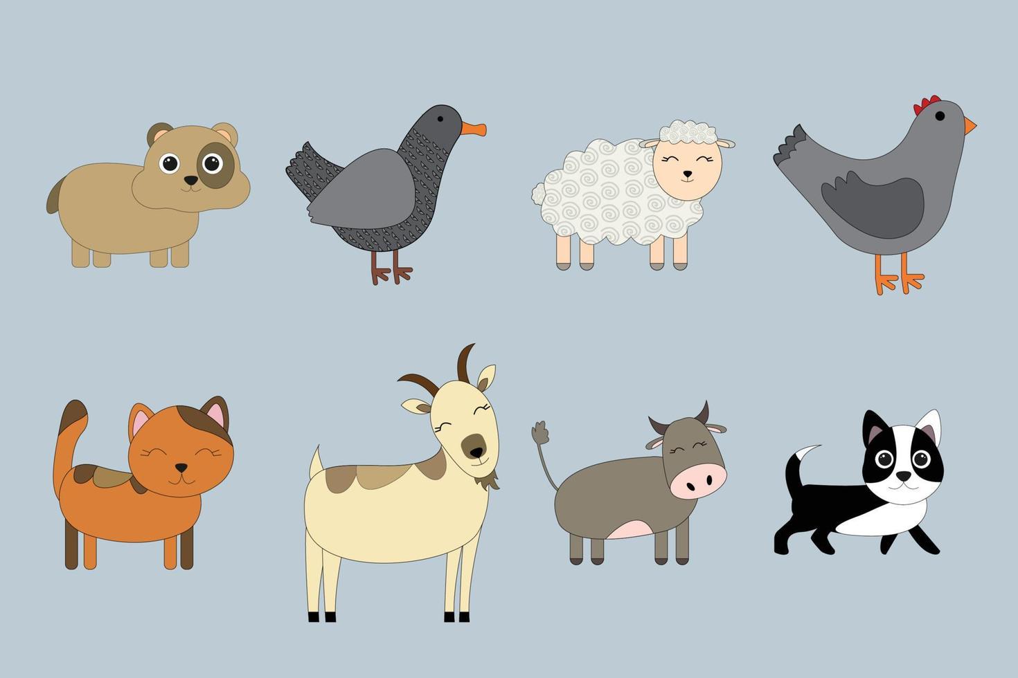 Cute cartoon pets. Set of dog, cat, cow, sheep, chicken, duck, goat, hamster vector