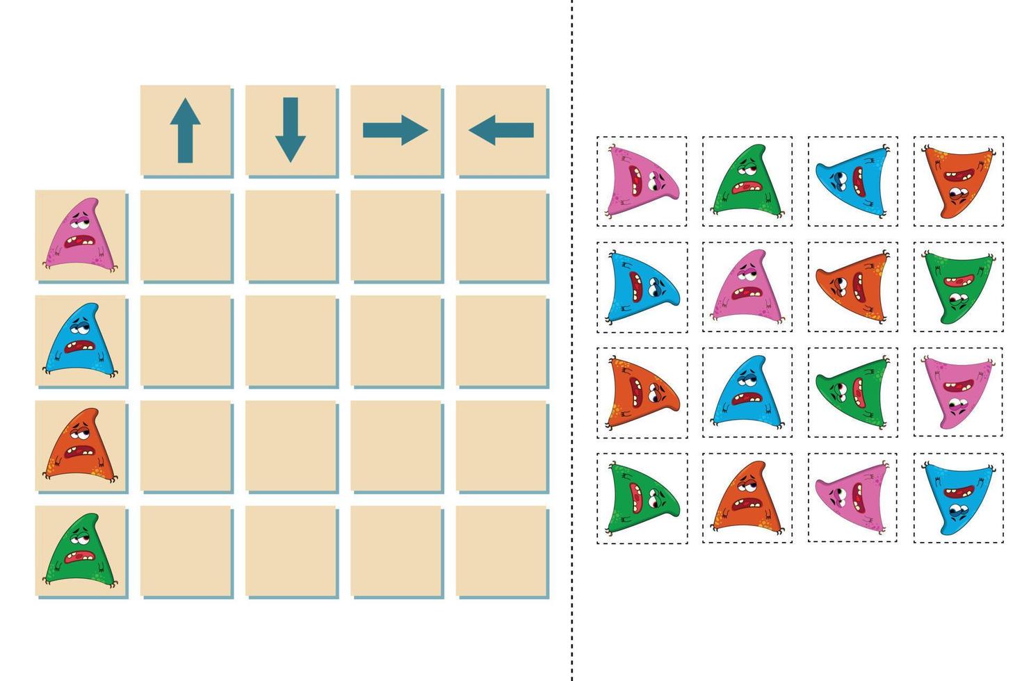 combina monstruos de dibujos animados y direcciones arriba, abajo, izquierda y derecha. juego educativo para niños. vector