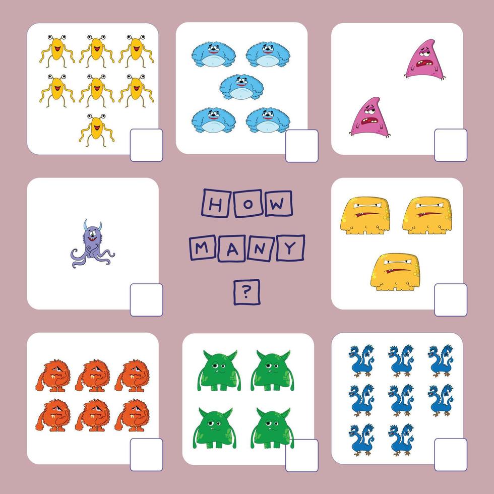 How many counting game with funny monsters . Preschool worksheet, kids activity sheet, printable worksheet vector