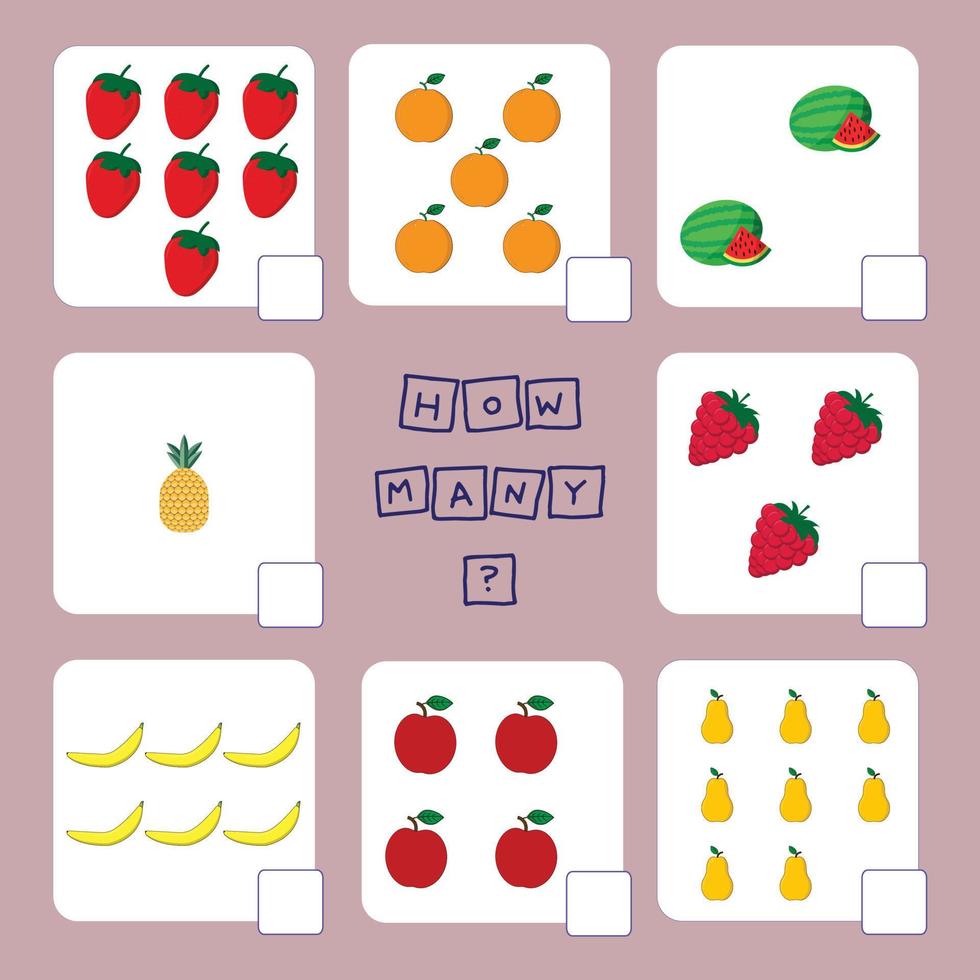 How many counting game with  fruites. Worksheet for preschool kids, kids activity sheet, printable worksheet vector