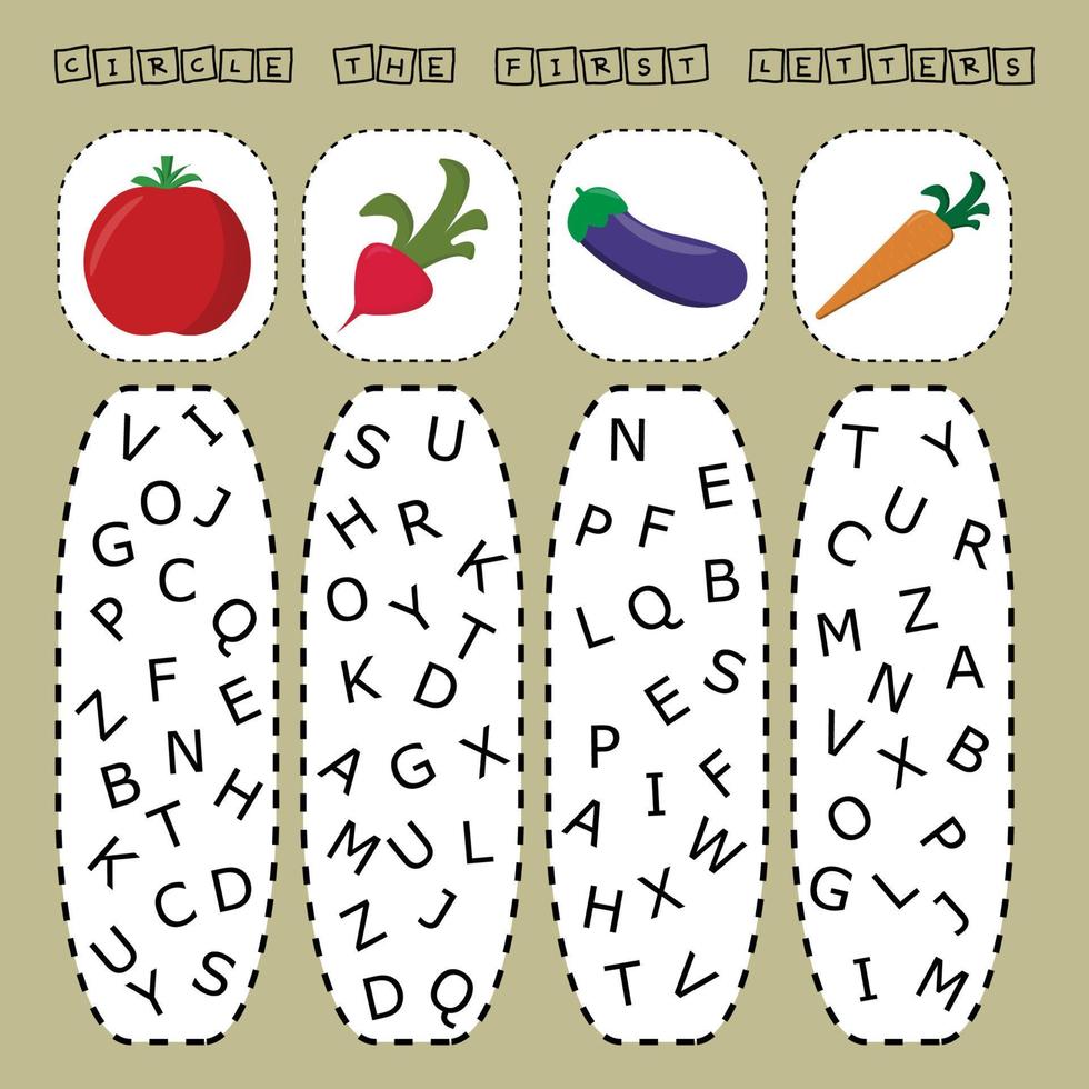 encuentra la primera letra de las verduras y conecta. juego educativo para niños. vector