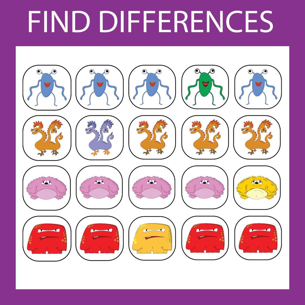 Logic game for children. Find an extra monsters vector