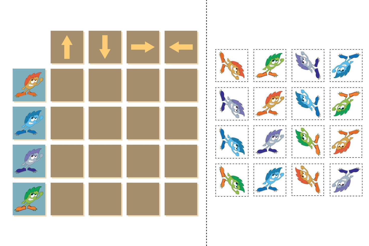 combina monstruos de dibujos animados y direcciones arriba, abajo, izquierda y derecha. juego educativo para niños. vector