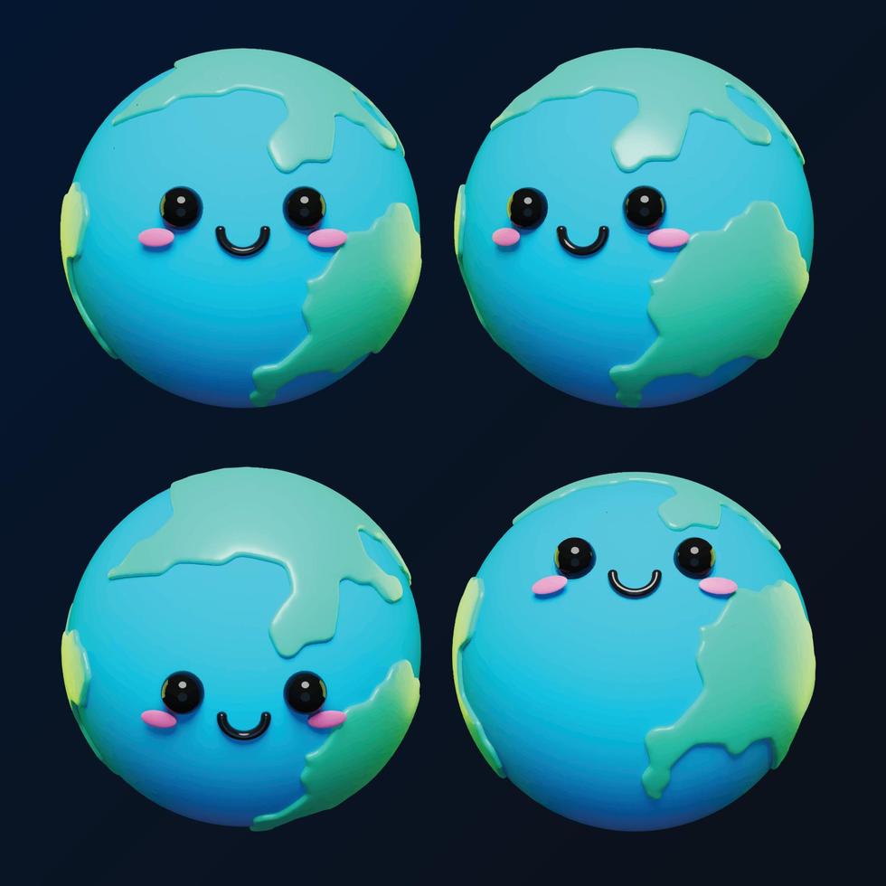 lindo y adorable juego de vectores de emoticonos de personajes emoji de tierra 3d. Iconos de la tierra de dibujos animados en 3D.