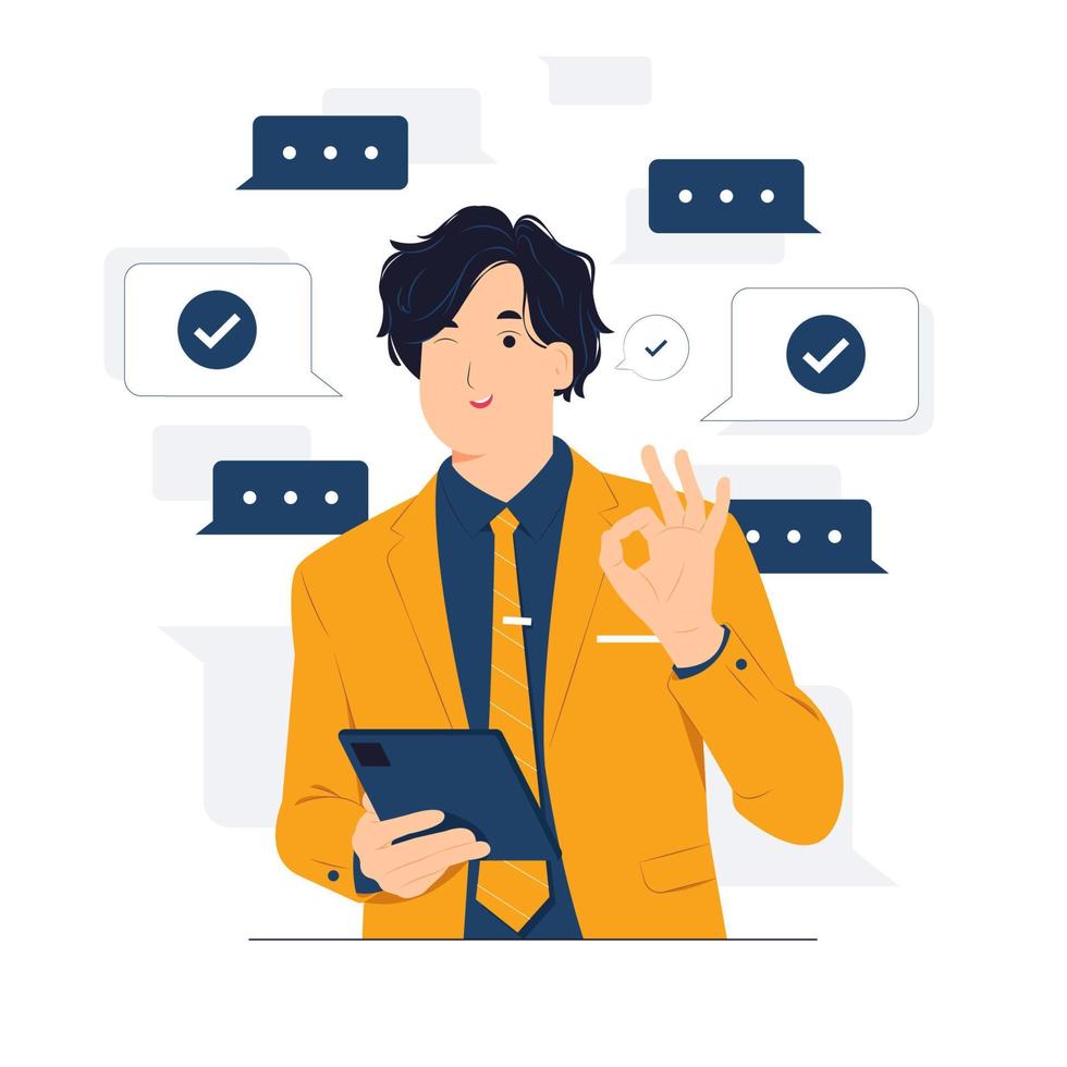 Approved gesture, Ok sign with Smiling Businessman wearing suit standing while holding mobile phone and showing thumbs up concept illustration vector