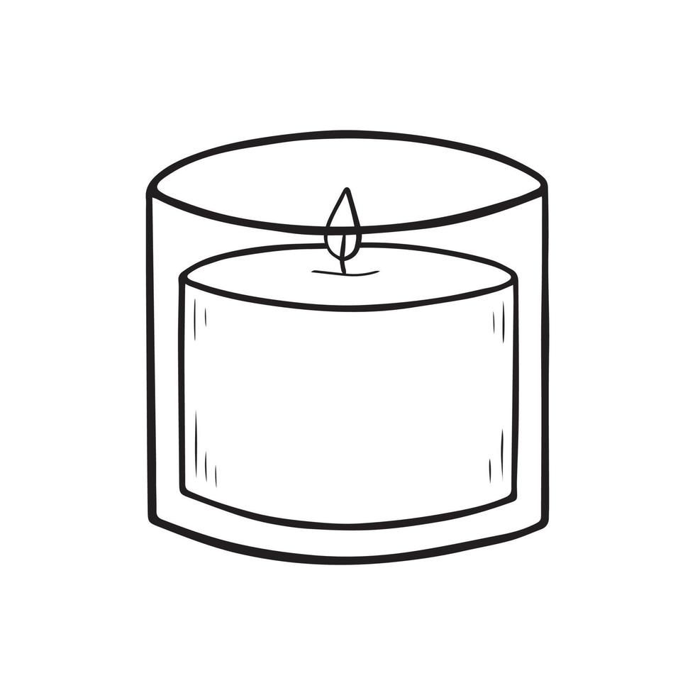 Cozy candle doodle. Hygge home decoration, wax candle for relax and spa in sketch style. Hand drawn vector illustration isolated on white background.