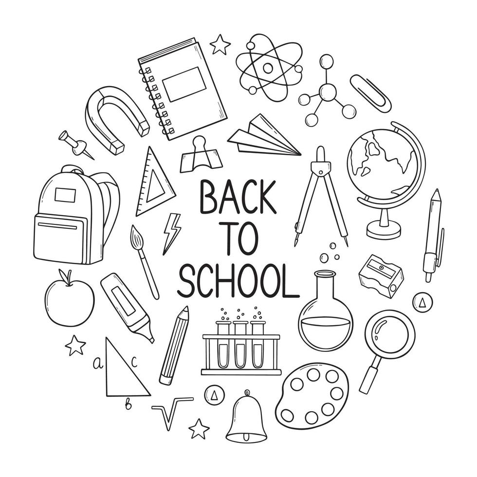 Hand drawn set of Back to school doodle. School and Education supplies in sketch style. Vector illustration isolated on white background.