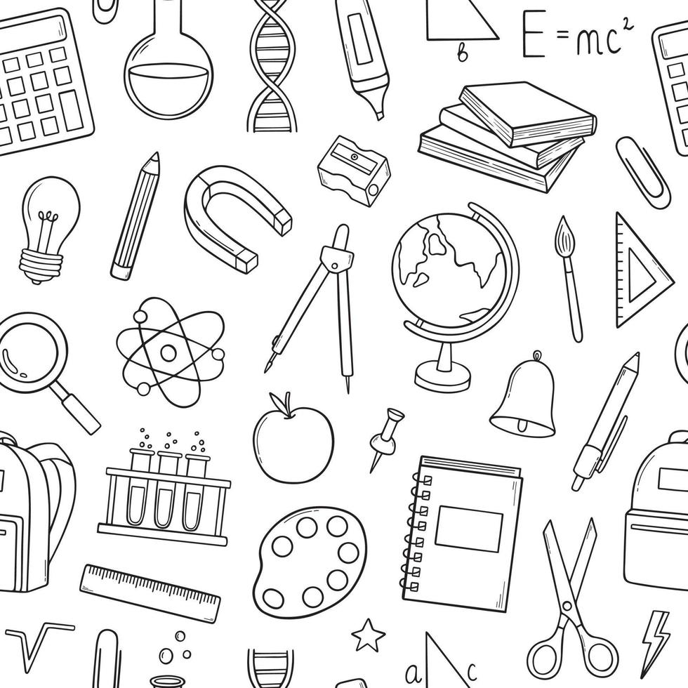 Hand drawn seamless pattern of Back to school doodle. School and Education supplies in sketch style. Vector illustration isolated on white background.