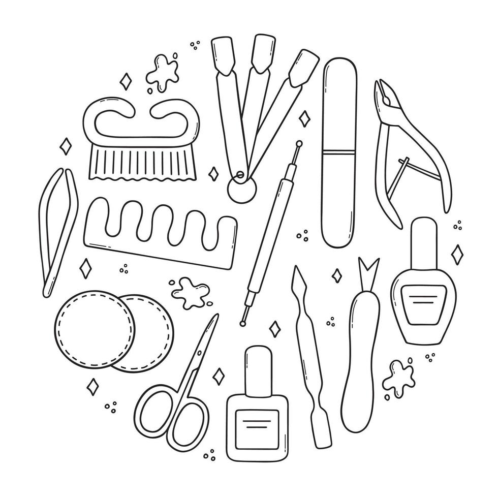 Hand drawn set of manicure and pedicure equipment doodle. Nail salon in sketch style. nail polish, tweezers, polish remover, nail clippers, scissors. Vector illustration isolated on white background.