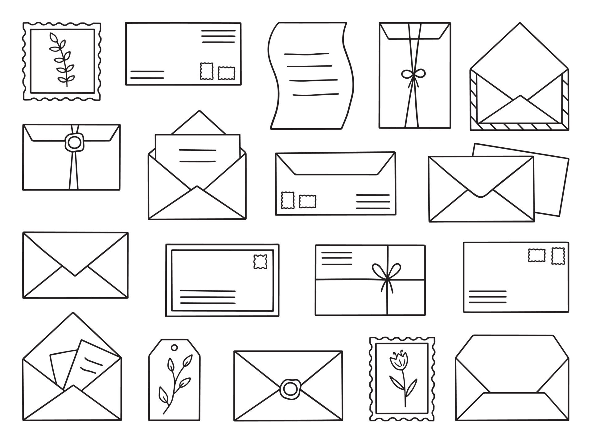 Hand drawn set of mail envelope doodle. Postcard, letter, post stamp in