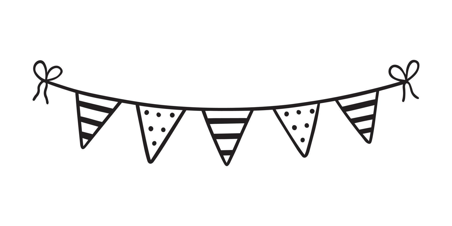 Hand drawn party bunting flags doodle.  Birthday garland in sketch style.  Vector illustration isolated on white background.