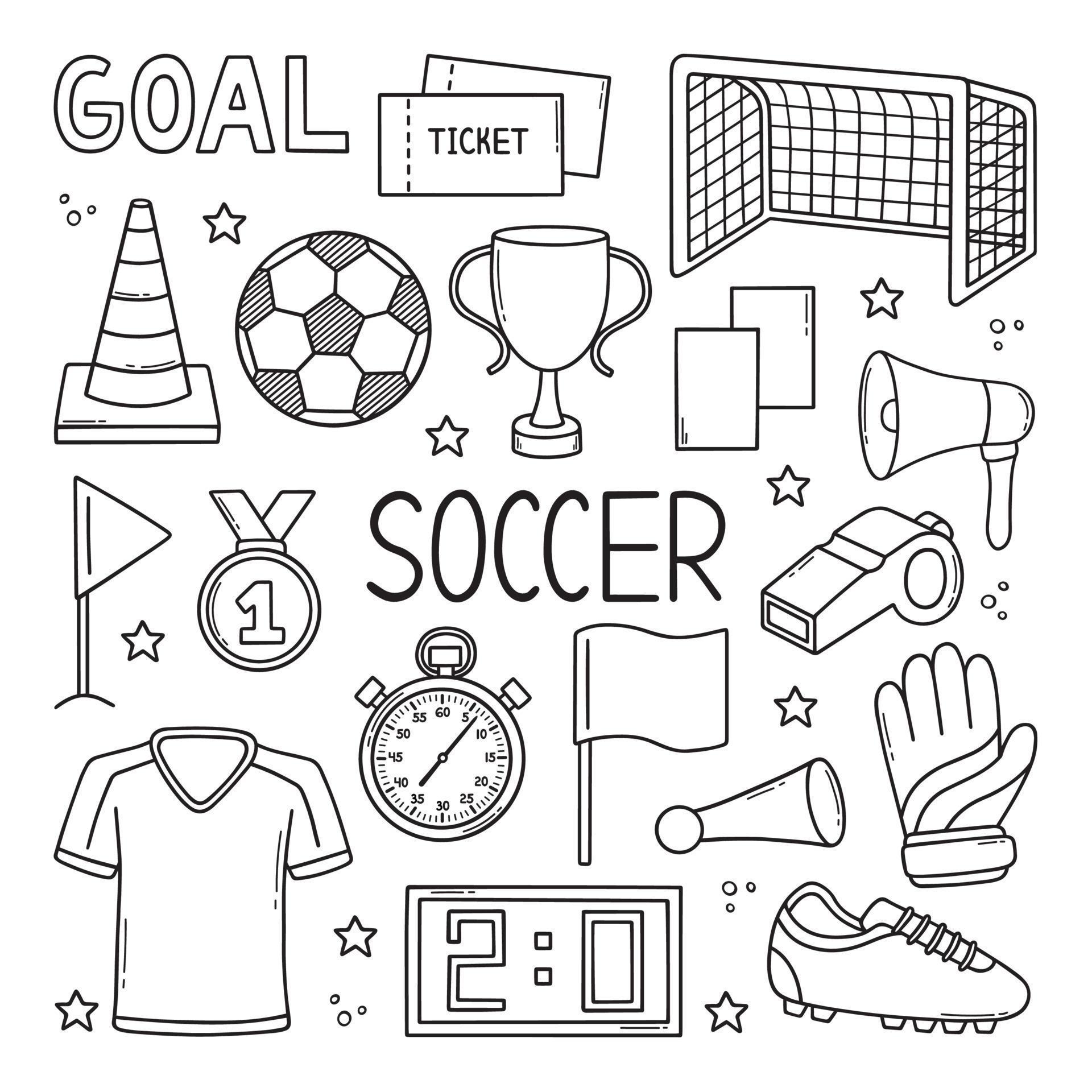 Hand drawn set of soccer doodle. Football elements in sketch style