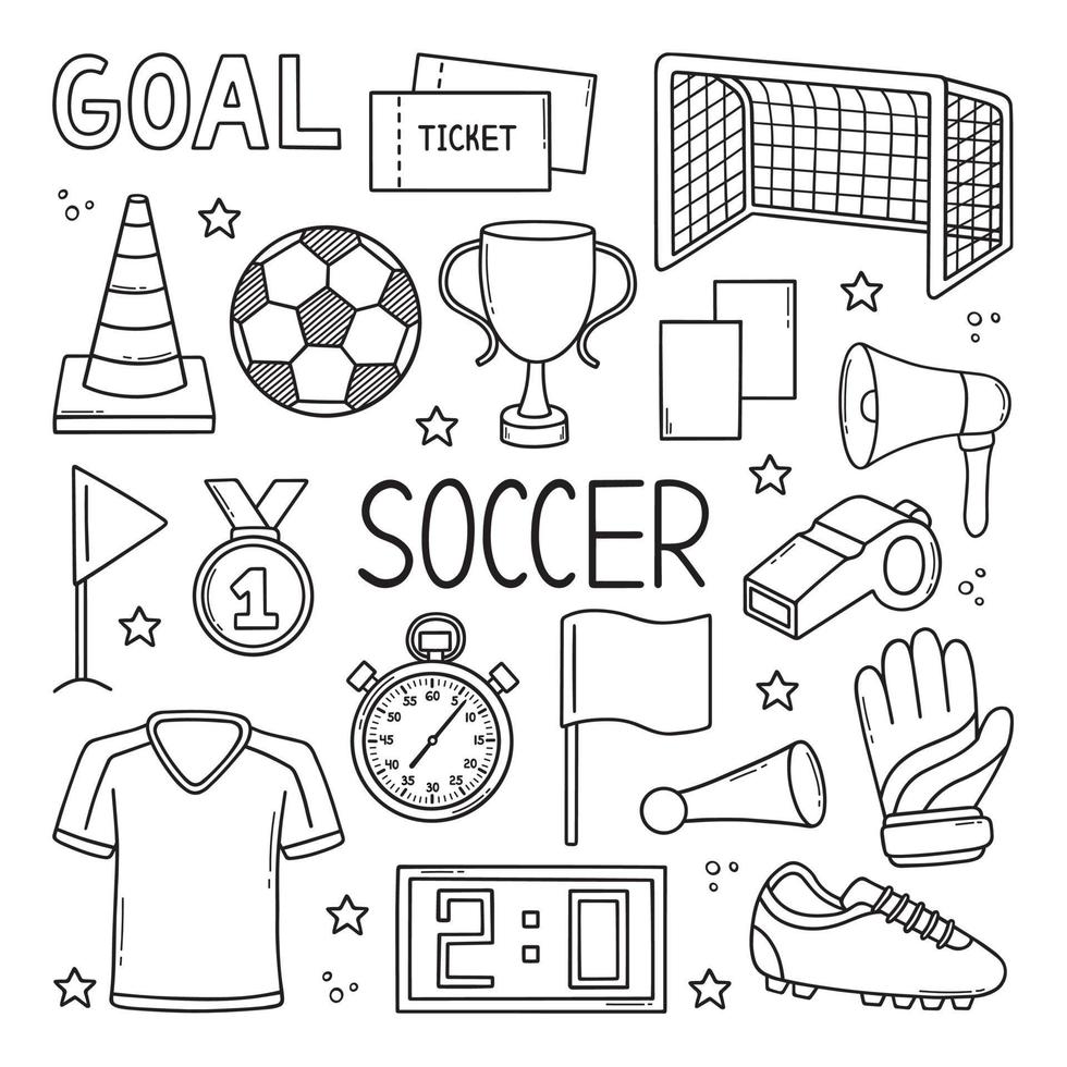 conjunto dibujado a mano de doodle de fútbol. elementos de fútbol en estilo boceto. pelota de fútbol, puertas, cronómetro, guantes. ilustración vectorial aislado sobre fondo blanco. vector