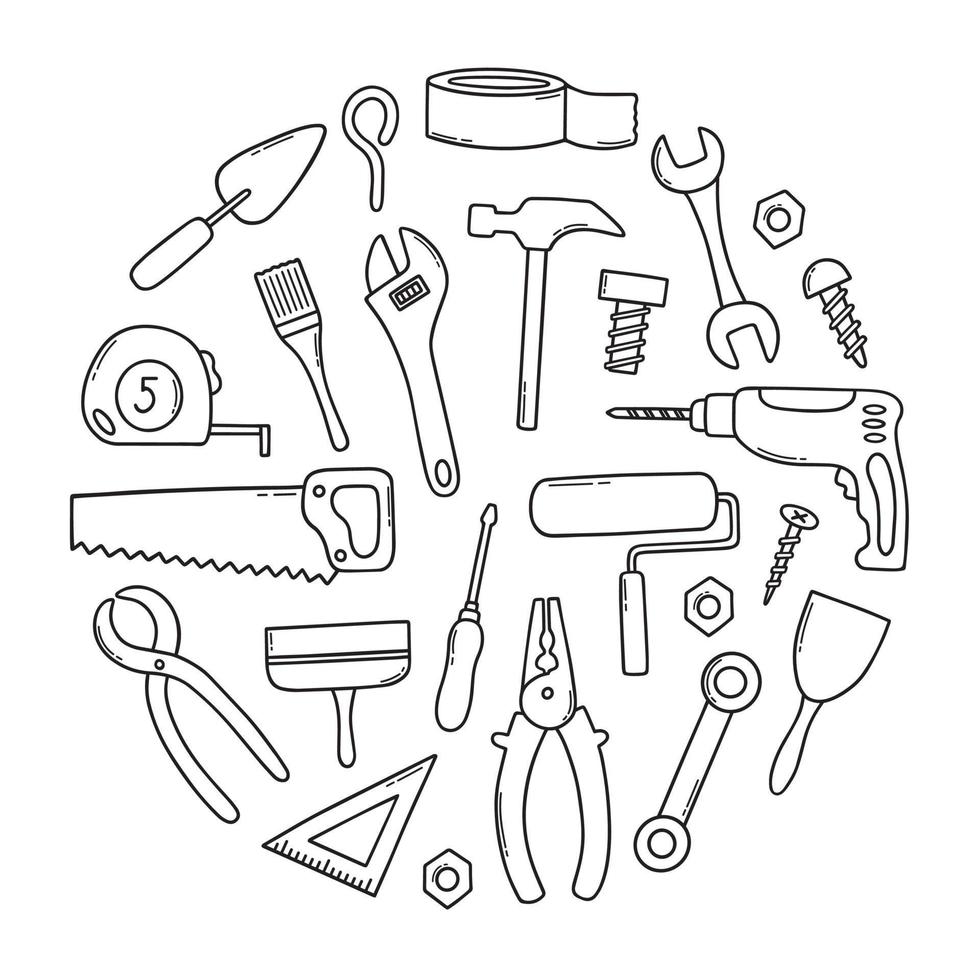 Hand drawn set of construction tools doodle Different working and building tools in sketch style. Saw, hammer, wrench, screw, drill. Vector illustration isolated on white background.