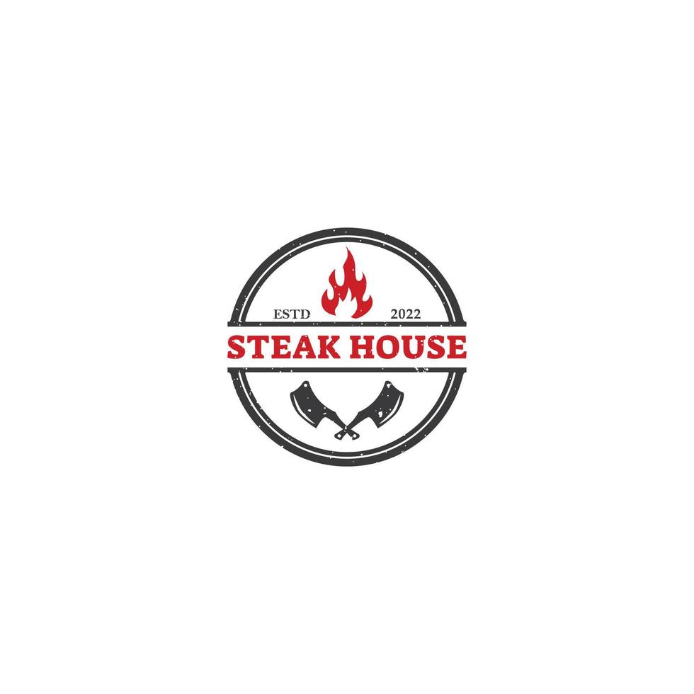 logotipo de restaurante de bistec vintage con llama de fuego roja y cuchillo cruzado negro vector
