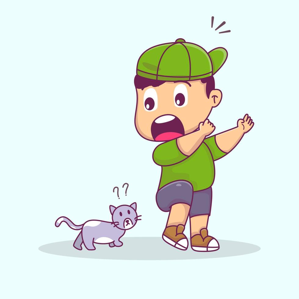 Cute boy play with cat, cute boy surprised with cute cat vector