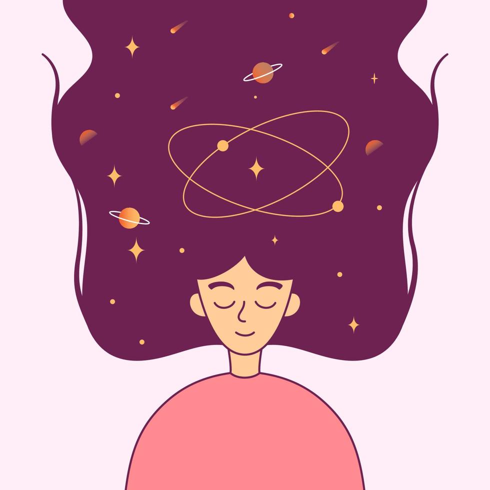 mujer meditando con la mente del universo, el espacio en el cabello, la meditación, la atención plena, la ilustración de los sueños vector
