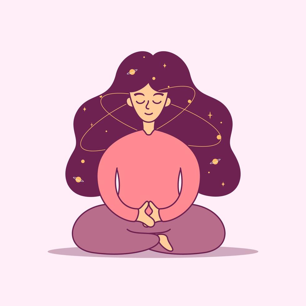 Woman Meditating with space hair illustration, Happy International Yoga Day vector