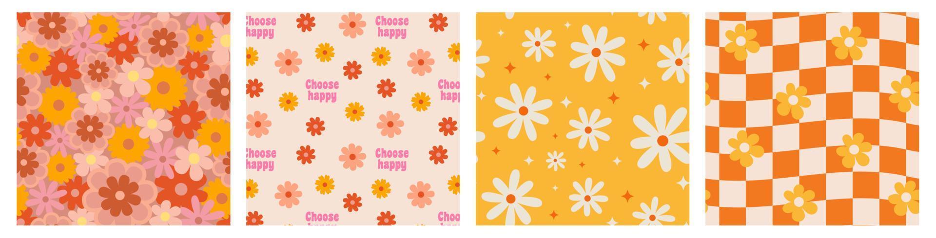 1970 Daisy Flowers Seamless Pattern Set vector