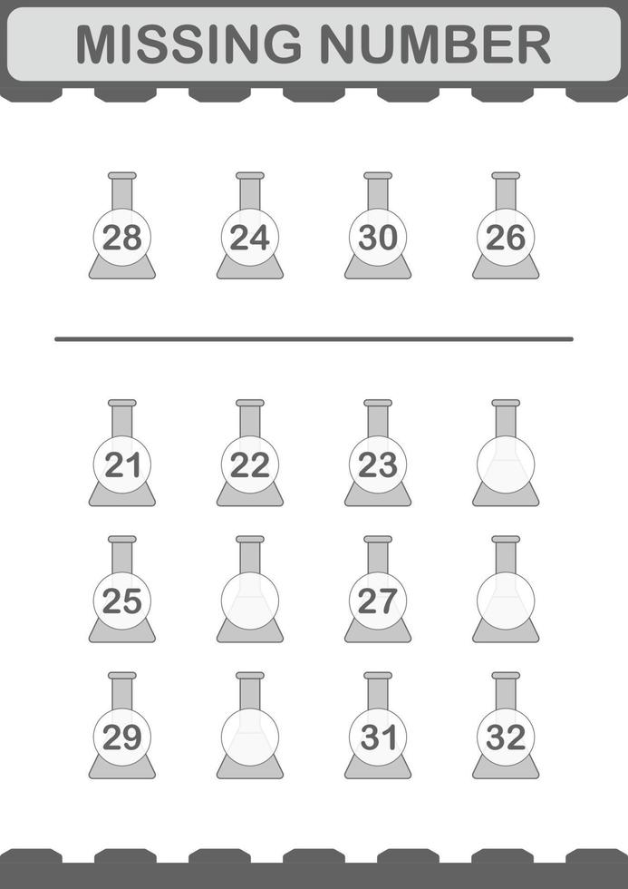 Missing number with Erlenmeyer Flask. Worksheet for kids vector