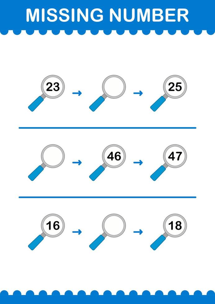 número faltante con lupa. hoja de trabajo para niños vector