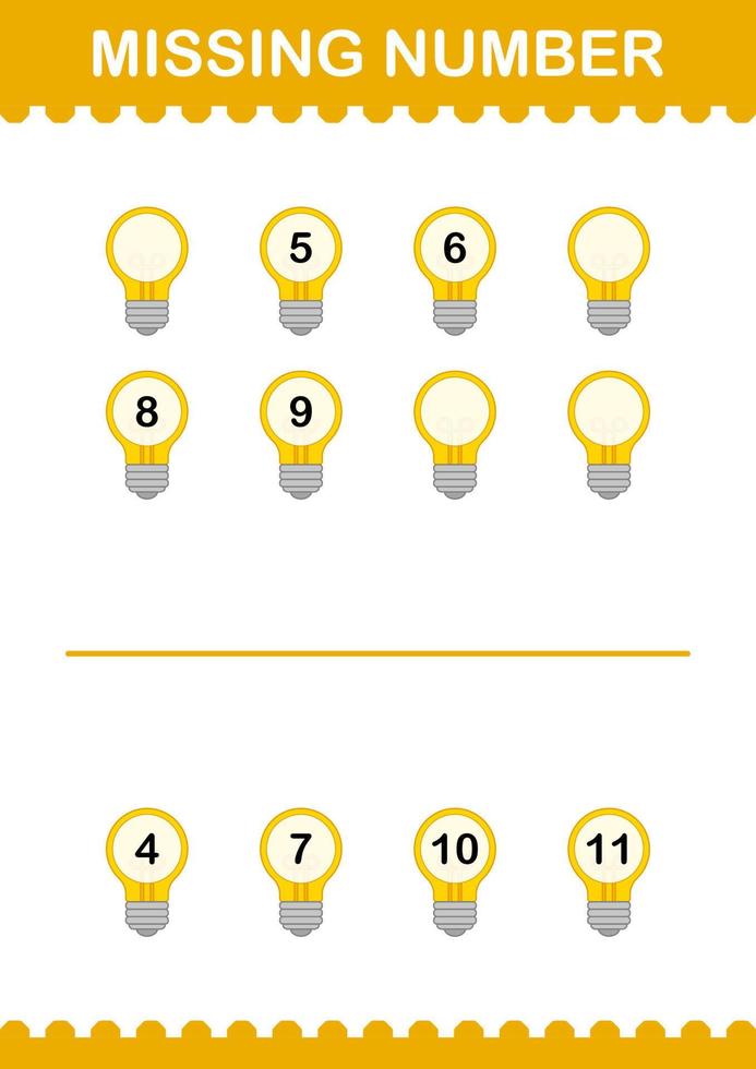 Missing number with Bulb. Worksheet for kids vector