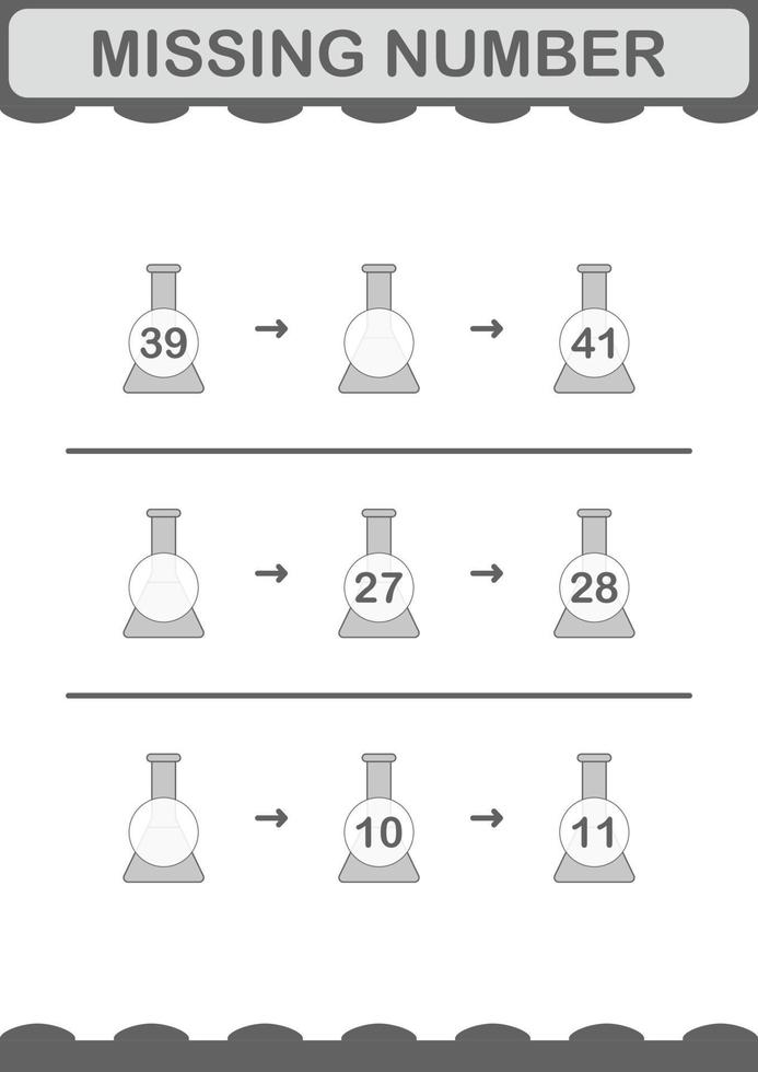 Missing number with Erlenmeyer Flask. Worksheet for kids vector