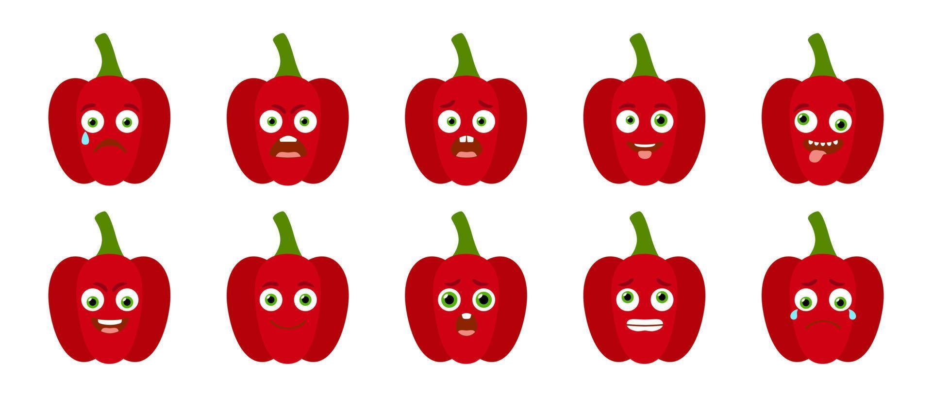 emoticono de lindo pimiento rojo. conjunto de vectores aislados