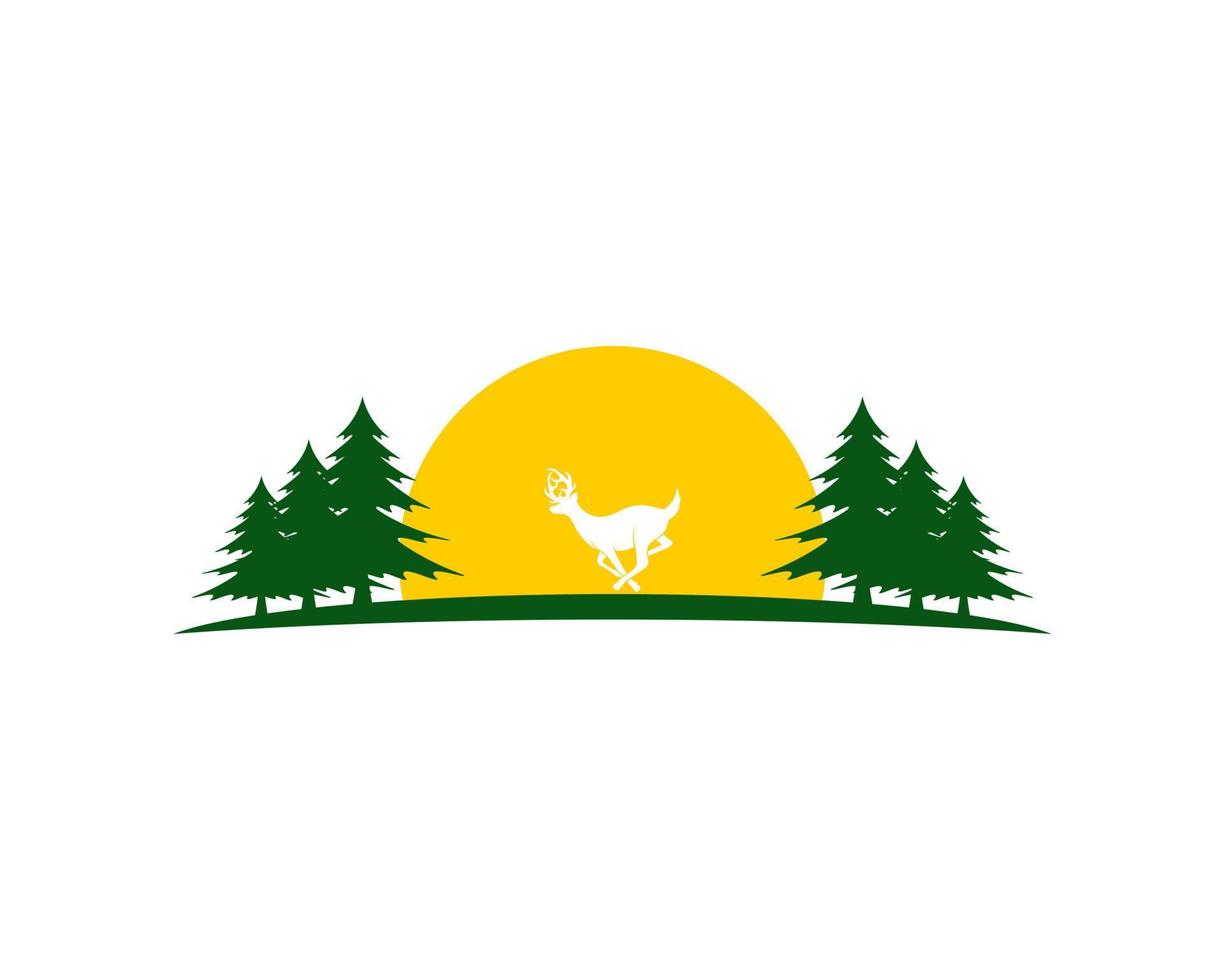 Pine forest with running deer and sunset behind vector