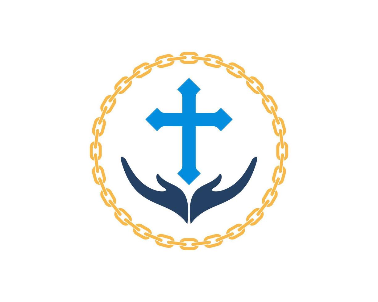 Circular chain with hand and religion cross inside vector