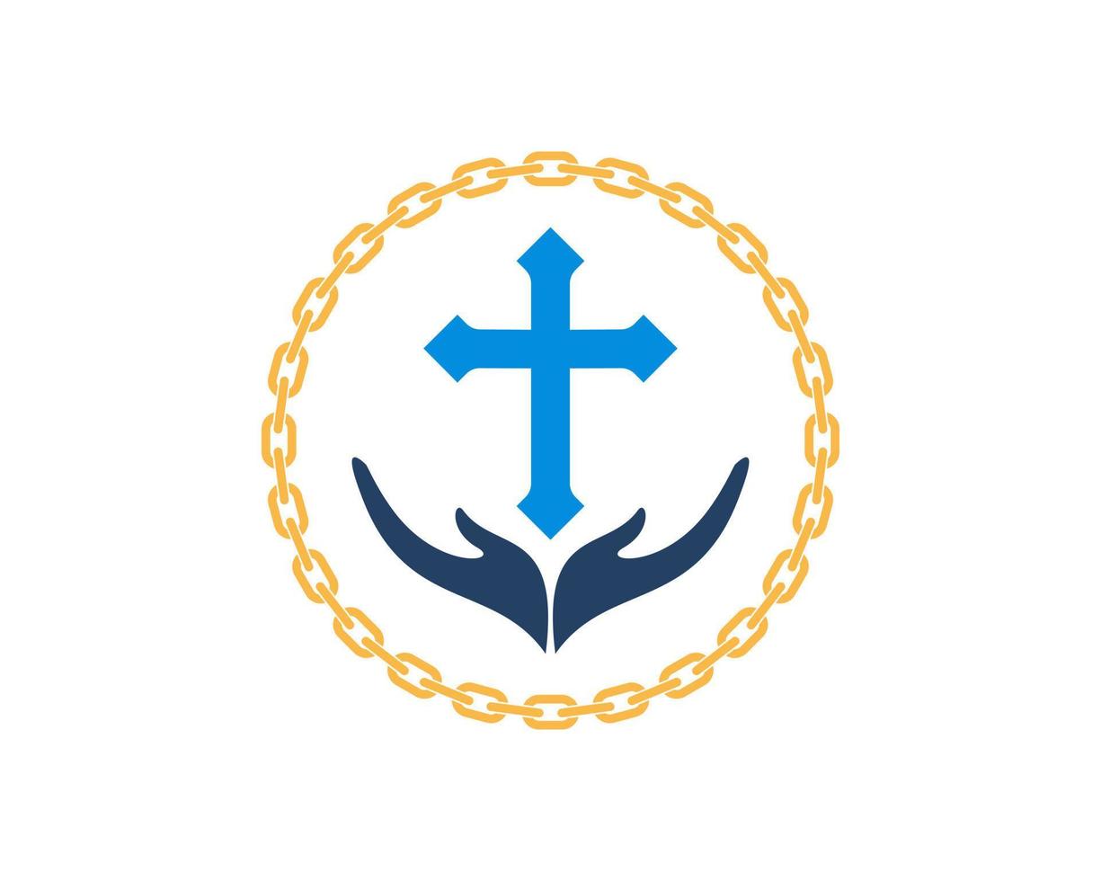 Circular chain with hand and religion cross inside vector
