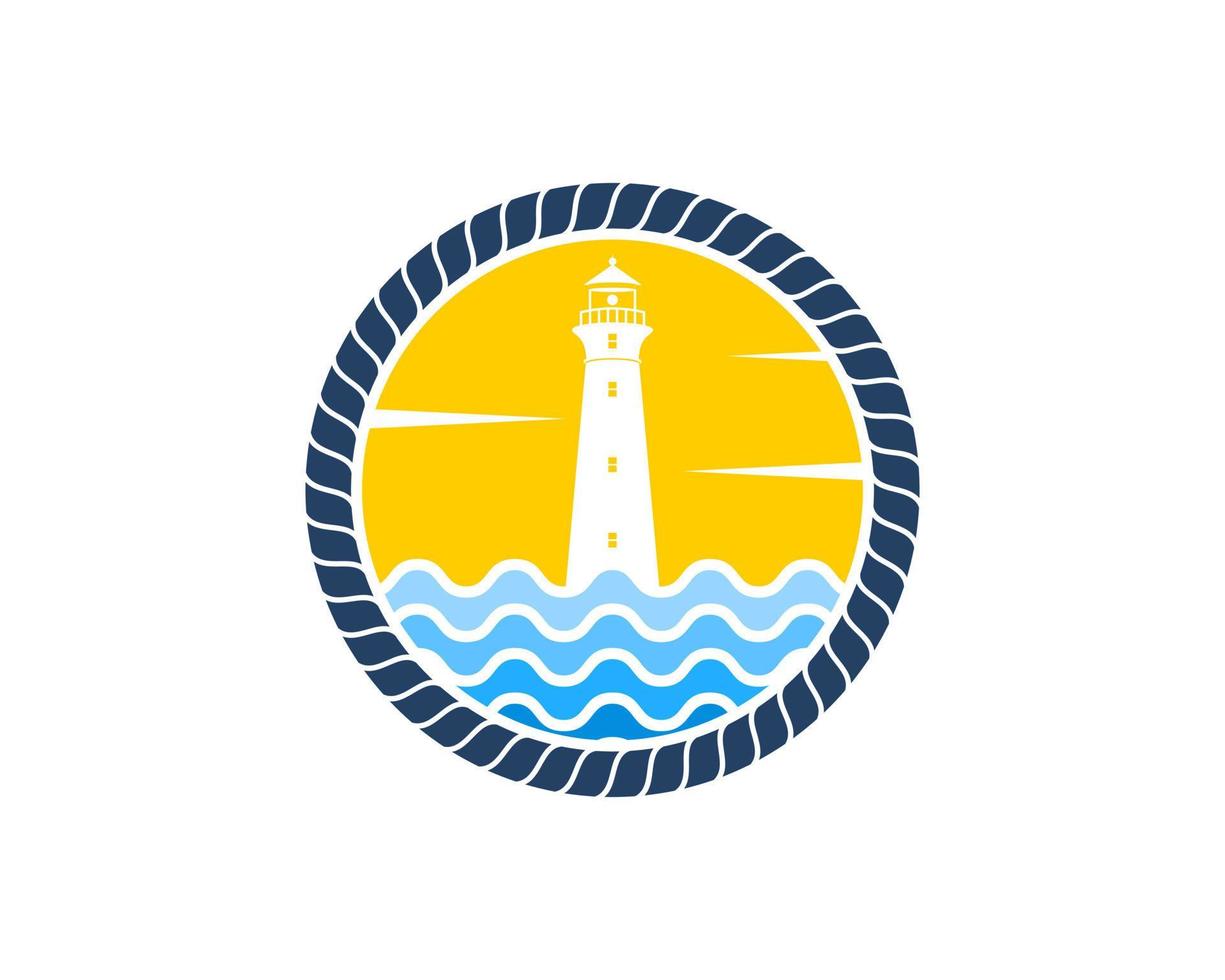 Circular rope with beach wave and lighthouse inside vector