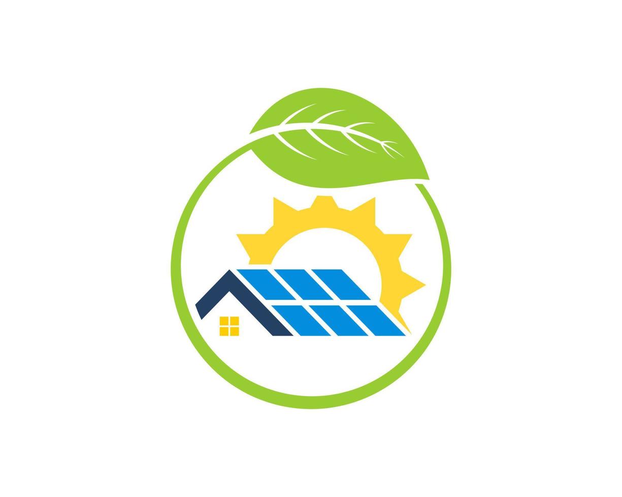 Circular leaf with house and solar panel inside vector