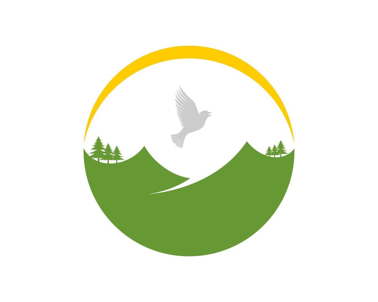 Green hills with swoosh and flying bird inside vector