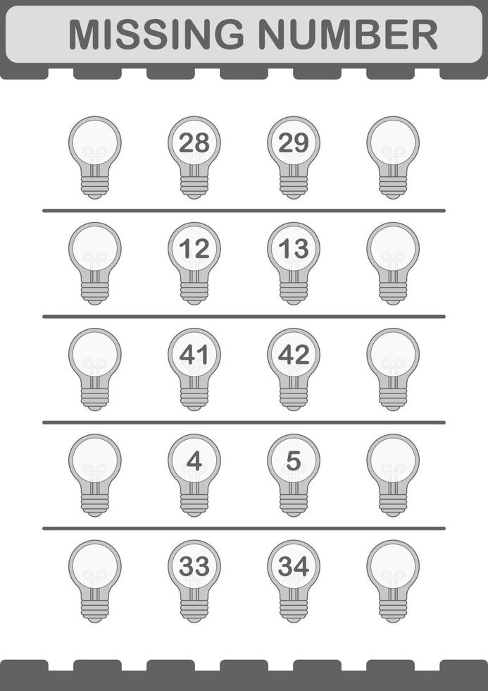 Missing number with Bulb. Worksheet for kids vector