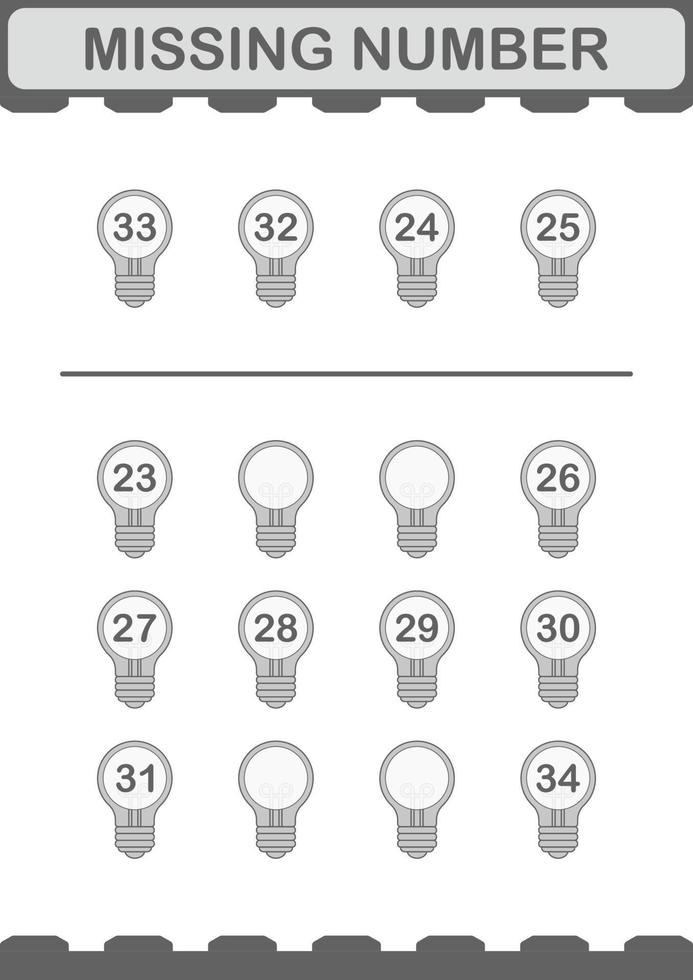 Missing number with Bulb. Worksheet for kids vector