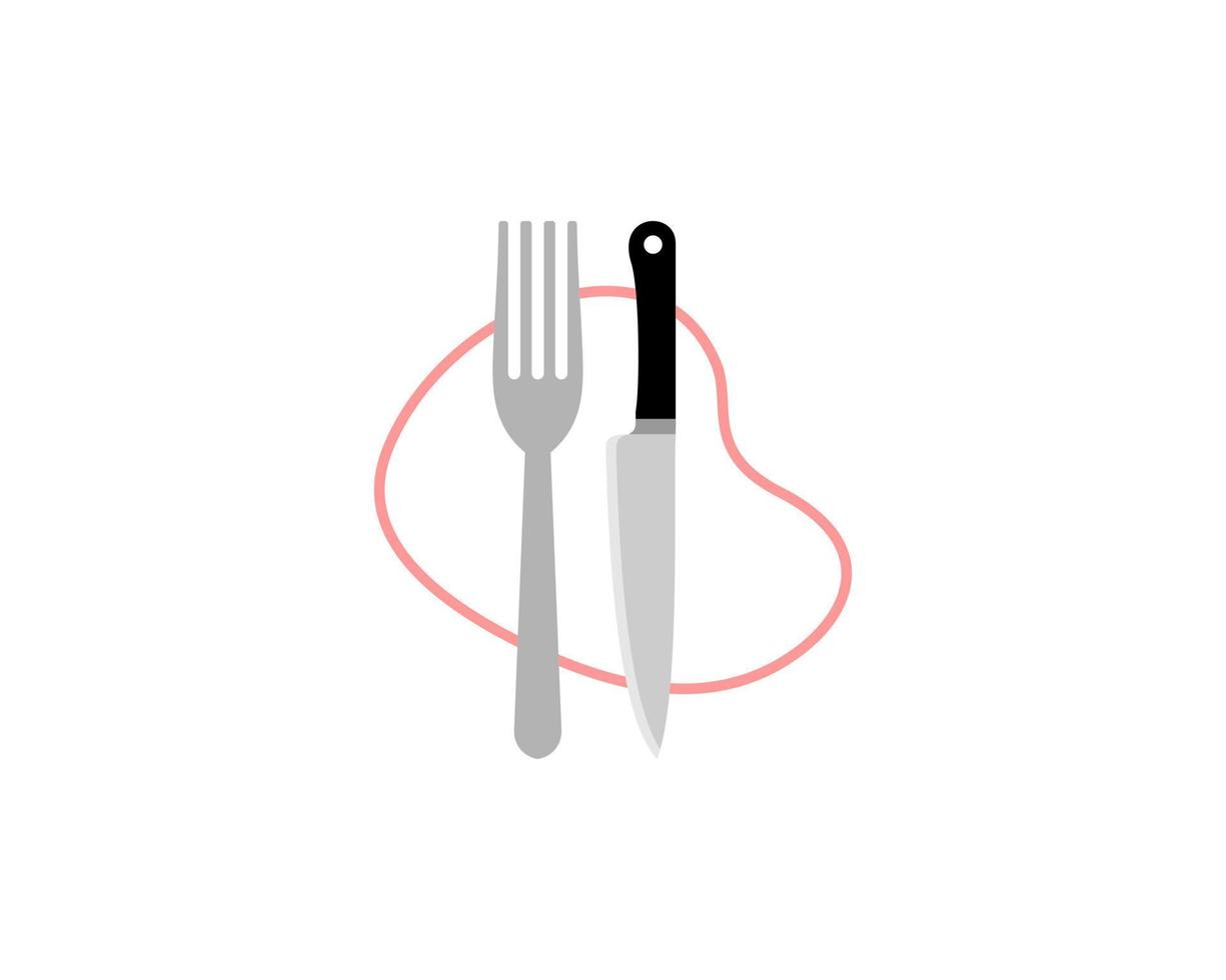 tenedor y cuchillo con línea de bistec detrás vector