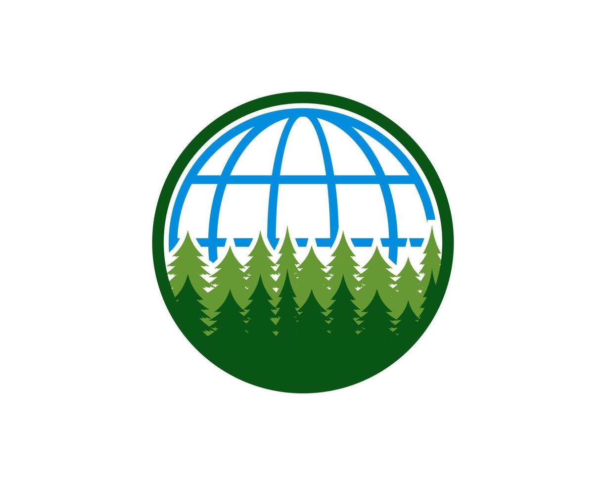 Circle shape with pine forest and globe inside vector