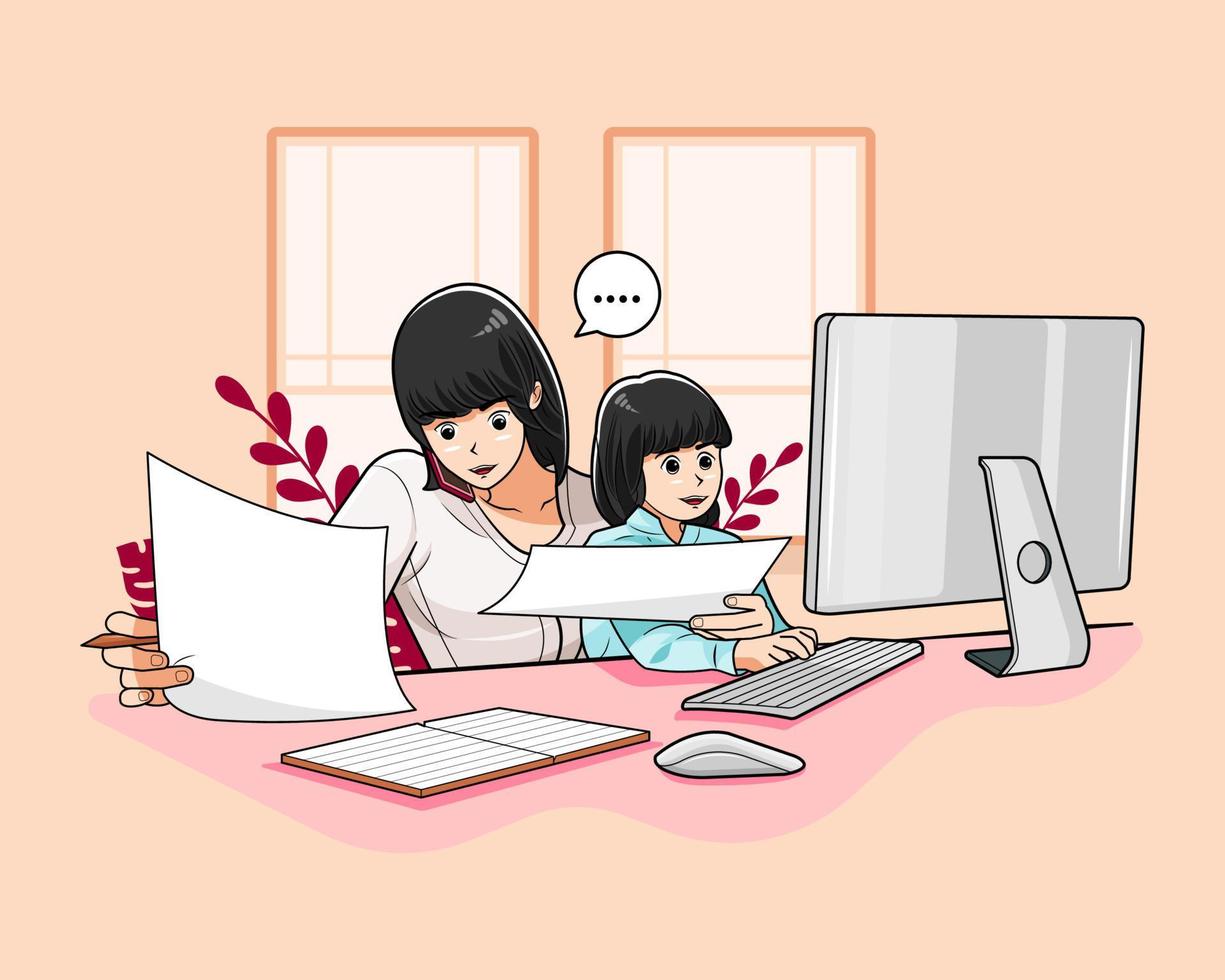 madre ocupada trabajando en línea con su hija en casa ilustración vectorial descarga gratuita vector